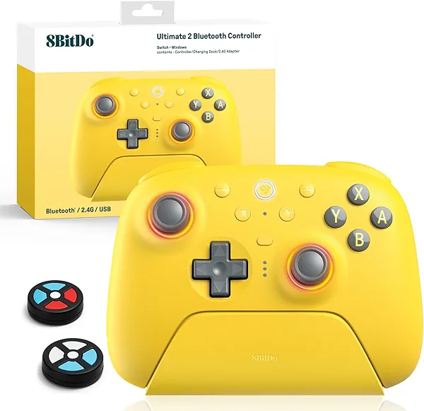 8Bitdo Ultimate 2 Bluetooth Controller (TMR Joystick Update), RGB Fire Ring, Switchable Hall Effect/Tactile Triggers, Vibration and Motion Control for Switch/Switch 2, Windows PC (Lemon Yellow)