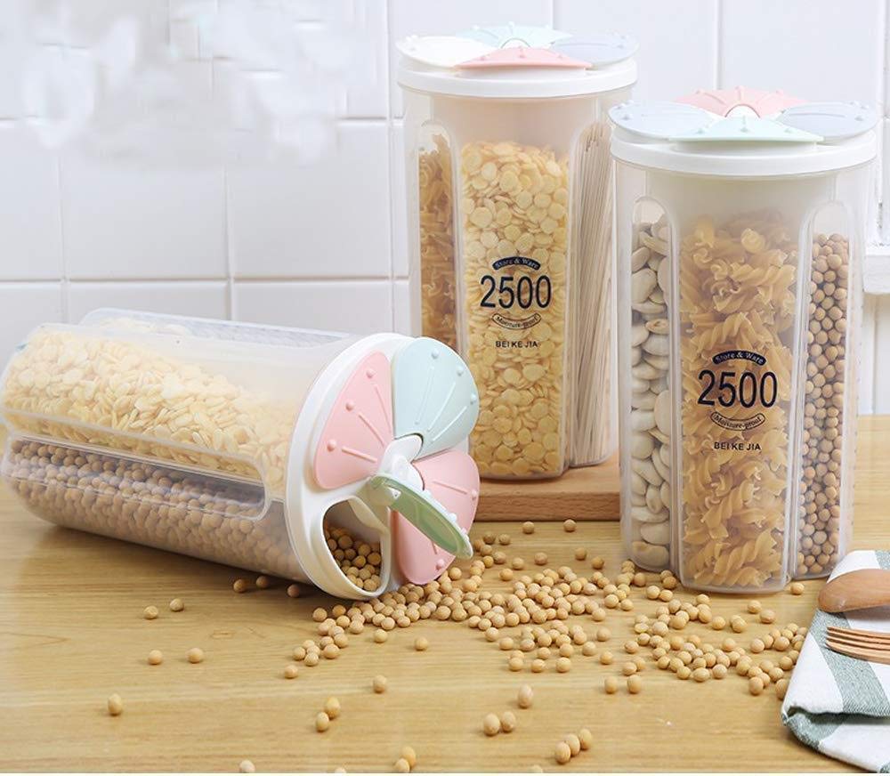 Urban Luxy 2.5L Plastic Kitchen Food Cereal Grain Bean Rice Storage, Snack Container Boxes with Lid Scale Bottles Jars & Boxes (4 Section) (1)