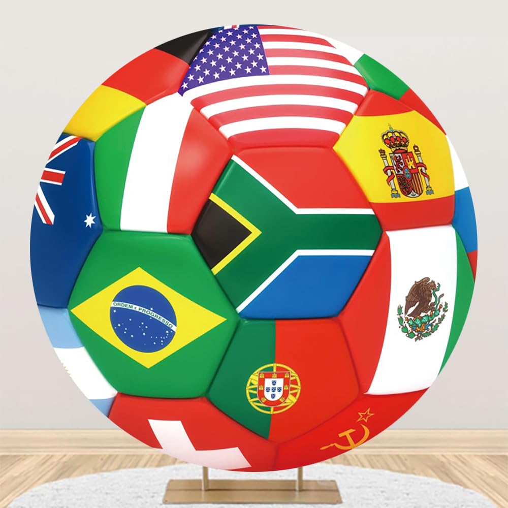 AOFOTO 6.5x6.5ft Soccer Ball Round Backdrop Cover Soccer Competition World Flags Printed Football Circle Background National Flags Sports Theme Boy