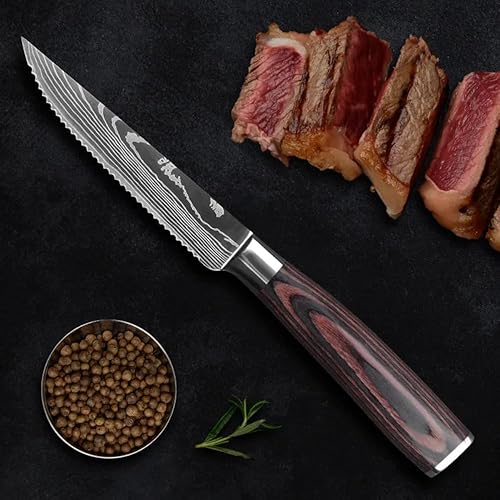 Miniatura 4 de Majesty Series - Juego de cuchillos profesionales para carne con patrón de damasco, acero inoxidable dentado afilado con mango de madera (juego de 6