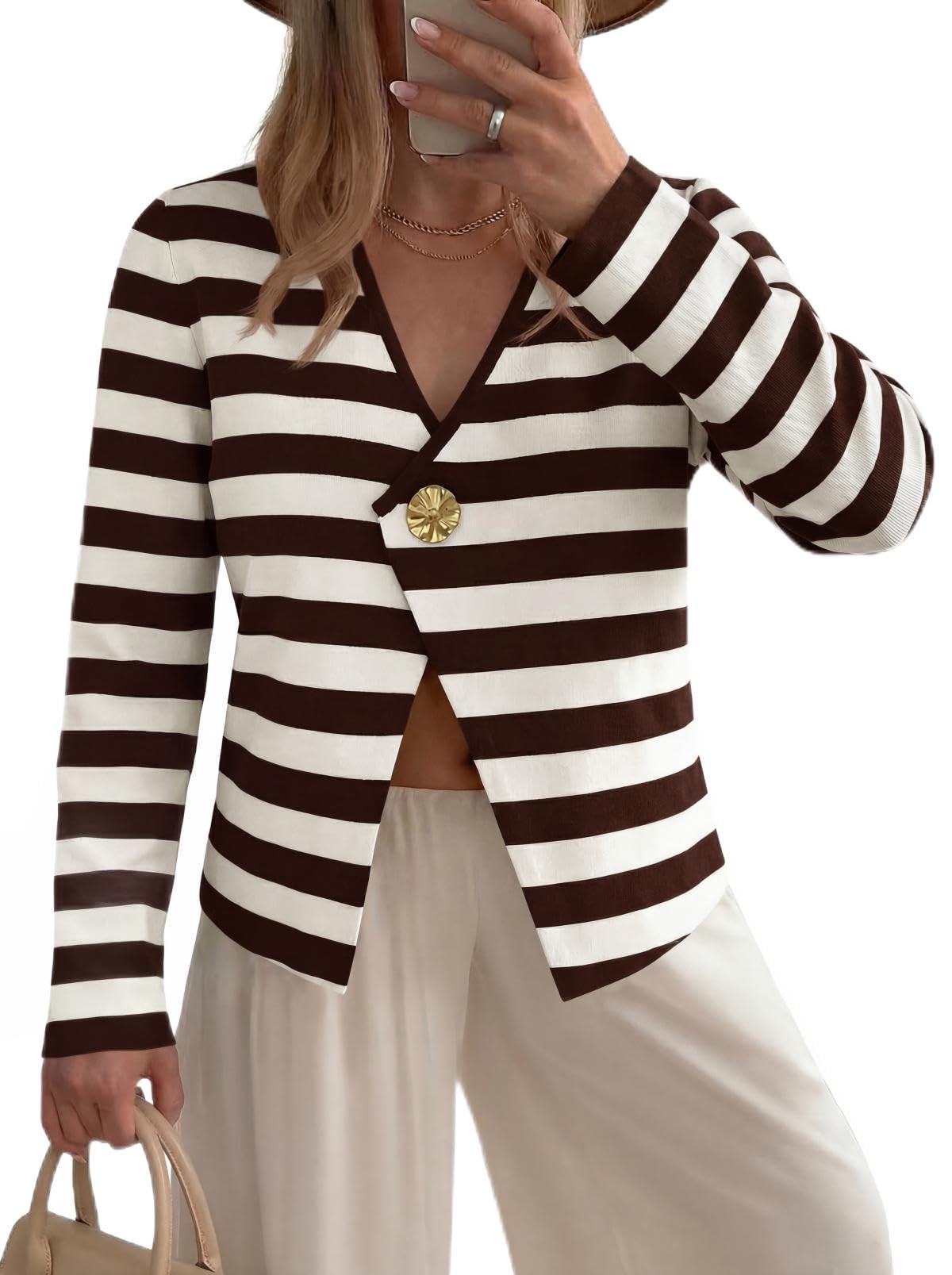 Saodimallsu Strickjacke Damen Langarm Gestreifte Cardigan V-Ausschnitt Leicht Open Front Sweater Slim Fit Elegant Strickcardigan mit Knöpfen