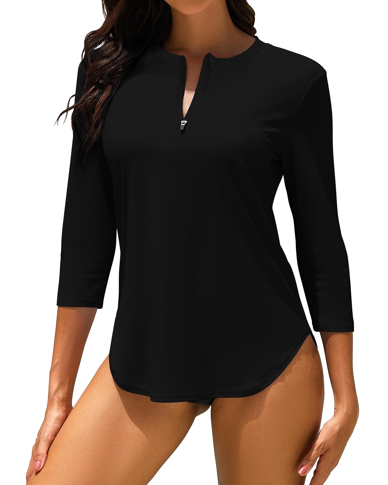 WOWENY Haut de Maillot de Bain Tee Shirt Anti UV Femme Rashguard Manches 3/4 avec Fermeture Éclair 1/4 UPF 50+ Séchage Rapide pour Sports Nautiques Surf Plage