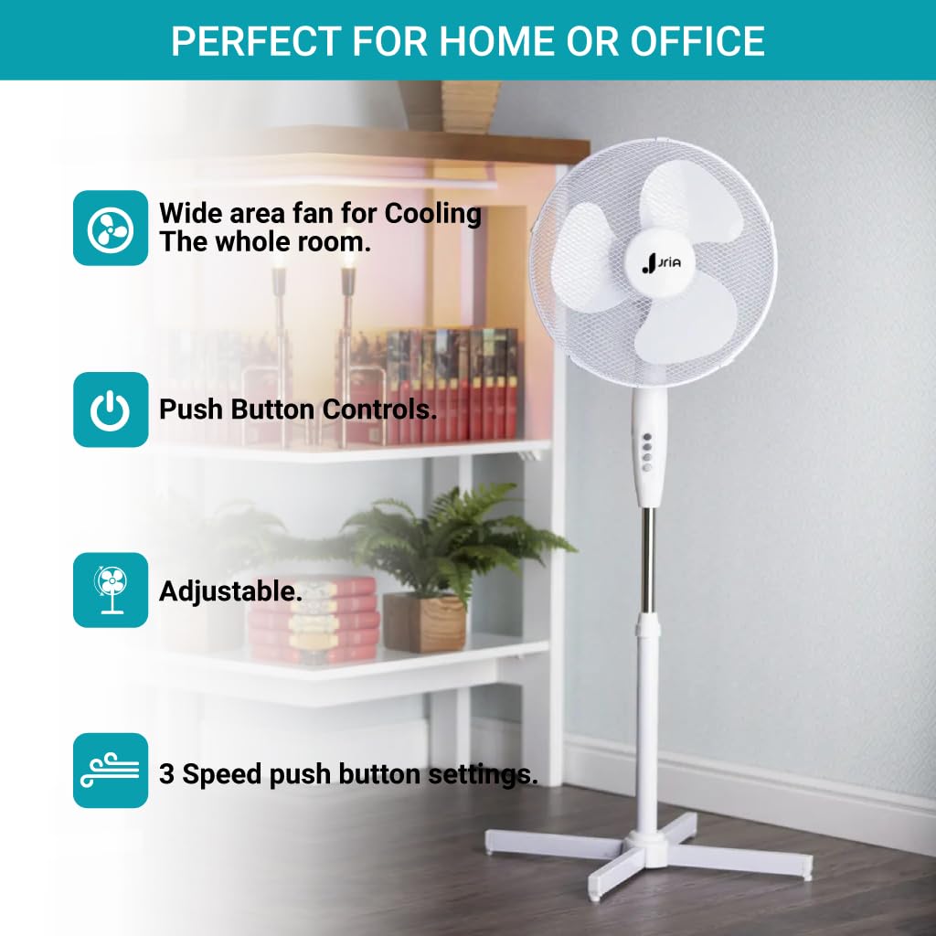 Standventilator 40 cm 16 Zoll leiser ECO Ventilator mit 3 Stufen oszillierend 90° höhenverstellbar starker Luftstrom geräuscharm energiesparend ideal für Wohnzimmer Büro Schlafzimmer Weiß