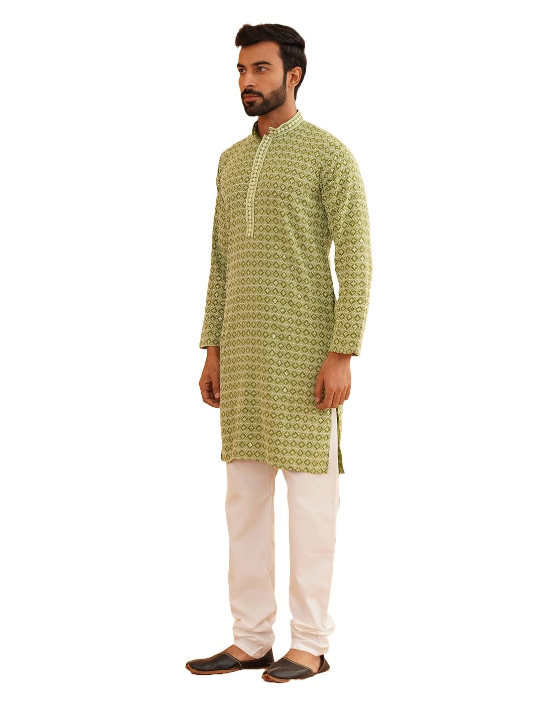 Sojanya (Since 1958 Men's Cotton Gold Embroidered Sequinned Pista Kurta With White Churidar Pyjama