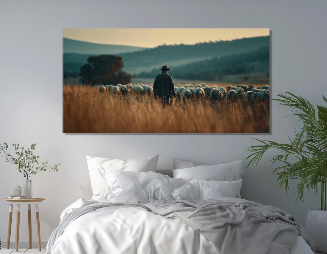 LMYCHENG Pasterz Walking Decorative Picture On Canvas Sheep Posters And Prints On Golden field For Living Room Home Wall Decor (70x140cm / No Frame)
