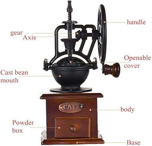 Miniatura 6 de Molinillo de café manual antiguo de hierro fundido con manivela de mano con ajustes de molienda y cajón de captura, 4.724 x 4.724 x 10.236 in