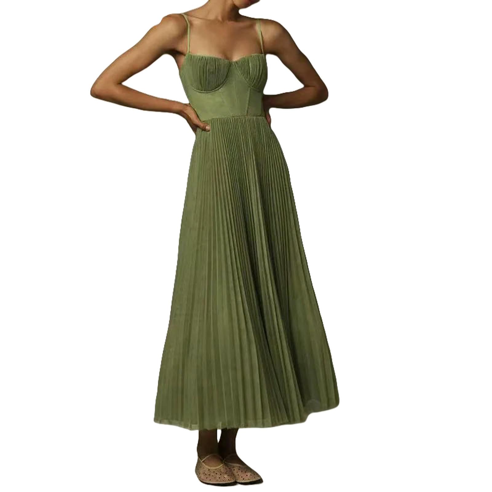 Vestido Midi Elegante Con Tirantes Finos Y Falda Plisada - Verde, Tejido Fluido, Ideal Para Ocasiones Formales