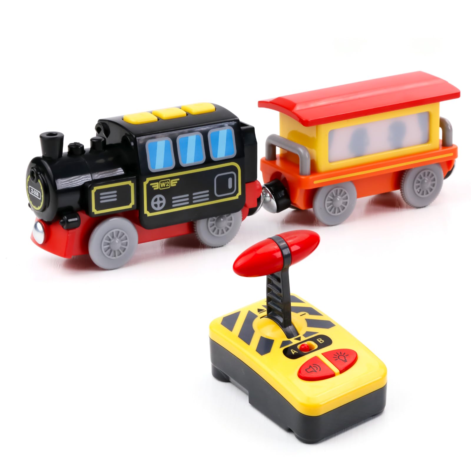 EVERGD Electric Remote Control Locomotive Battery Powered Toy Steam Train Railway Learning Educational Motorized Toy Train for Wooden Track