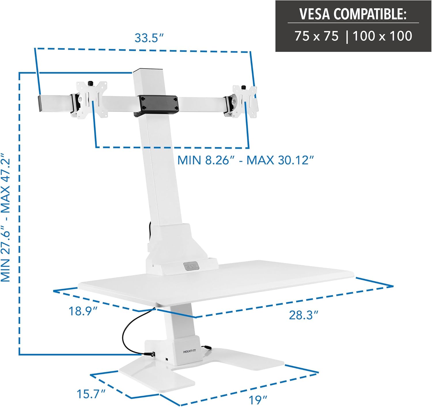 Mount-It! Electric Standing Desk Converter, Motorized Sit Stand Desk Riser with Dual Monitor Mounts, Adjustable Height Ergonomic Workstation with 28” Wide Platform and Tablet/Phone Slot, White