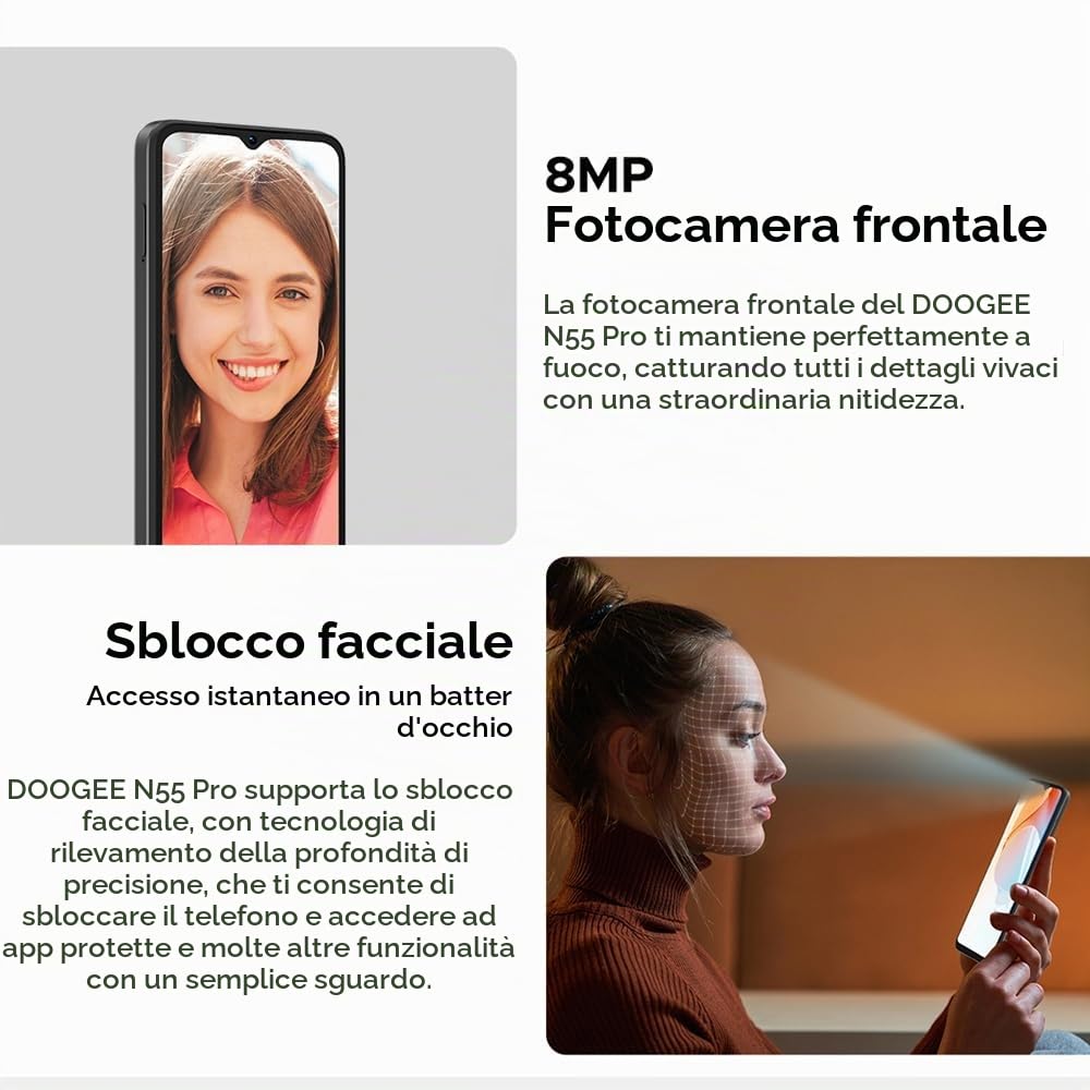 N55 PRO 4G Cellulari Economici (2024), 16 GB RAM 256 GB ROM, 6.56 pollici HD+ Display, Telefono Smartphone in Offerta, Android 14, 13MP+ 8MP, 5150 mAh Face ID Nero