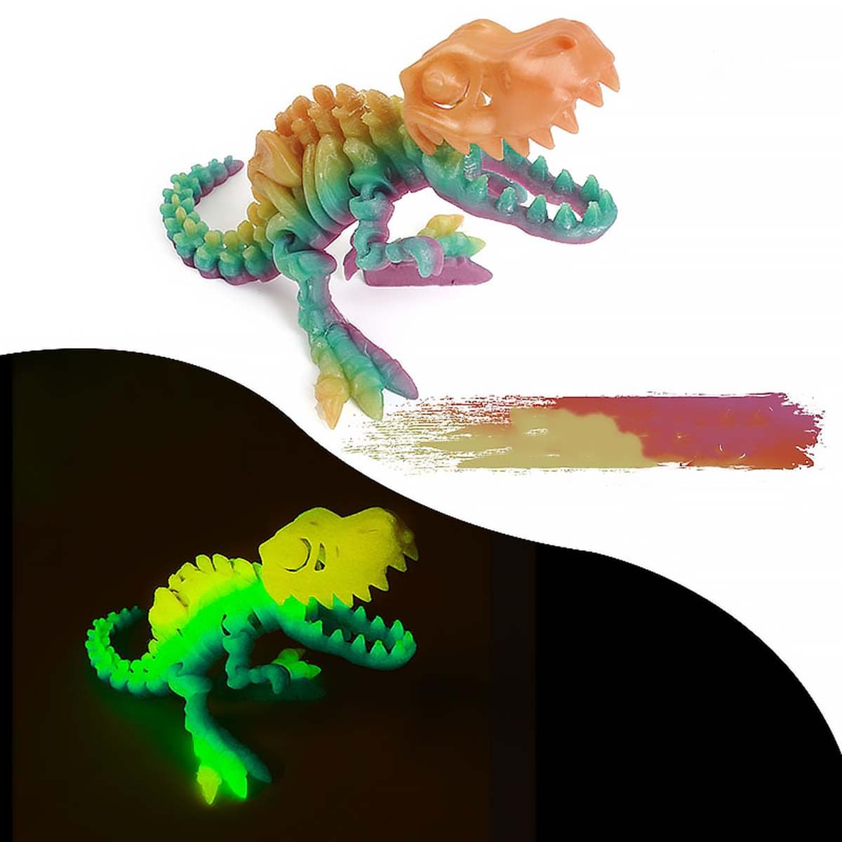YNTOXIN 9.84" 3D Printed Dinosaur, Articulated Dinosaur Fidget Toy, Flexible Pearly Sheen Tyrannosaurus Home Office Decor Desk Toy L-Rainbow (effect random)