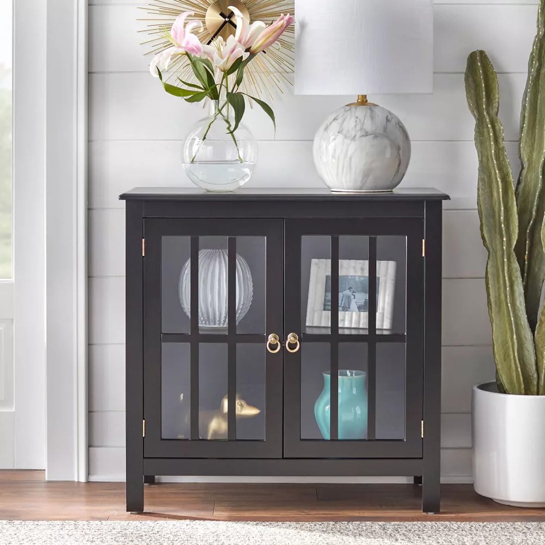 Woodefly Mango Wood Glass Kitchen Crockery Cabinet | Wooden Display Unit Book Stand for Home Library (Black)-image-22