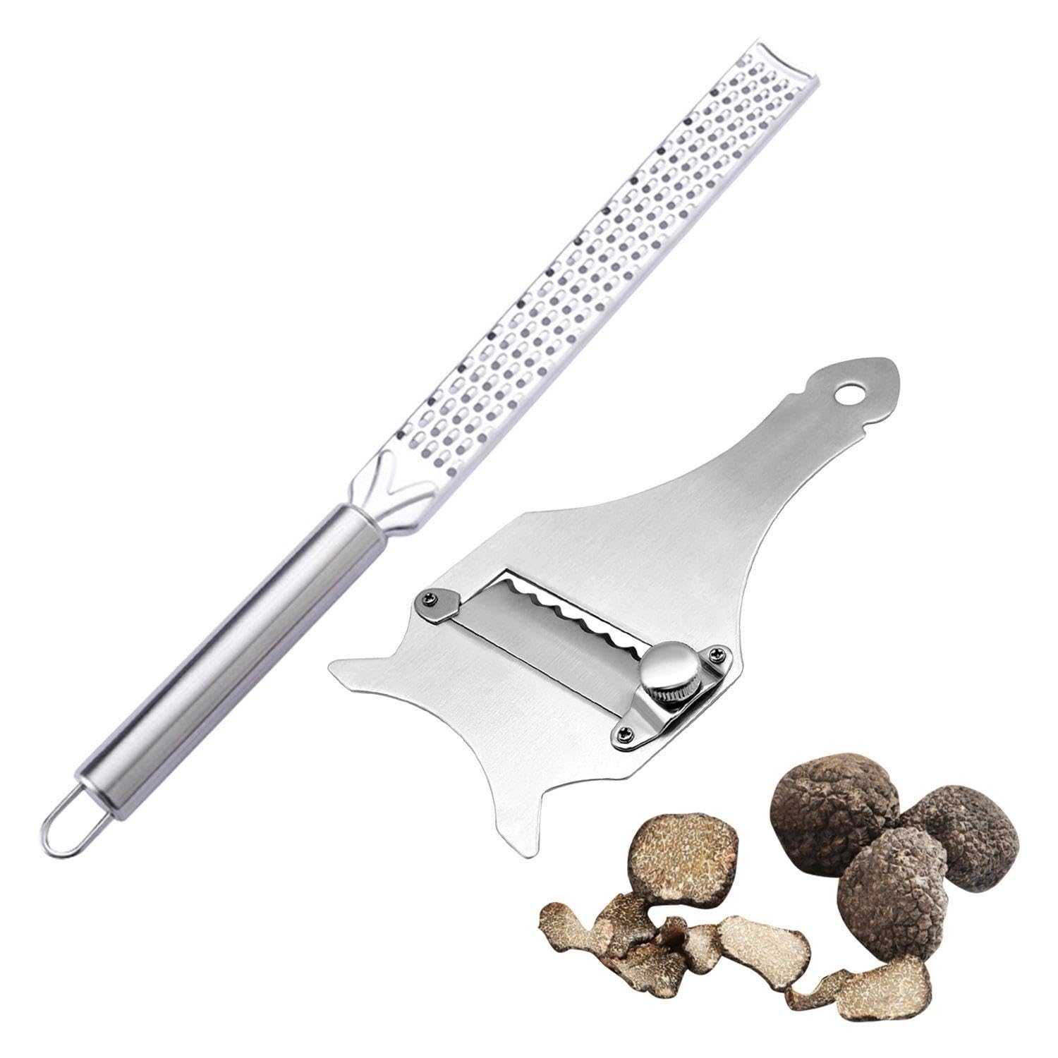 HINFHI 1 Piece Black Truffle Slicer And 1 Piece Long Handle Grater, Kitchen Tools, Cooking Accessories, Stainless Steel Grater.