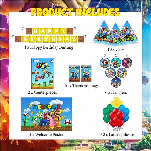 Image of PRETTY UR PARTY Mario Bros Party Decorations Kit - 80 pcs Include Bunting, Balloons, Thank You, Centerpiece, Danglers, Caps, DIY Party Supplies Decor for Kids,Paper,Red, Blue, Green, Yellow