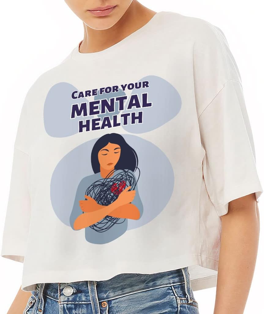 Care for Your Mental Health Women's Crop Tee Shirt - Print Cropped T-Shirt - Quote Crop Top