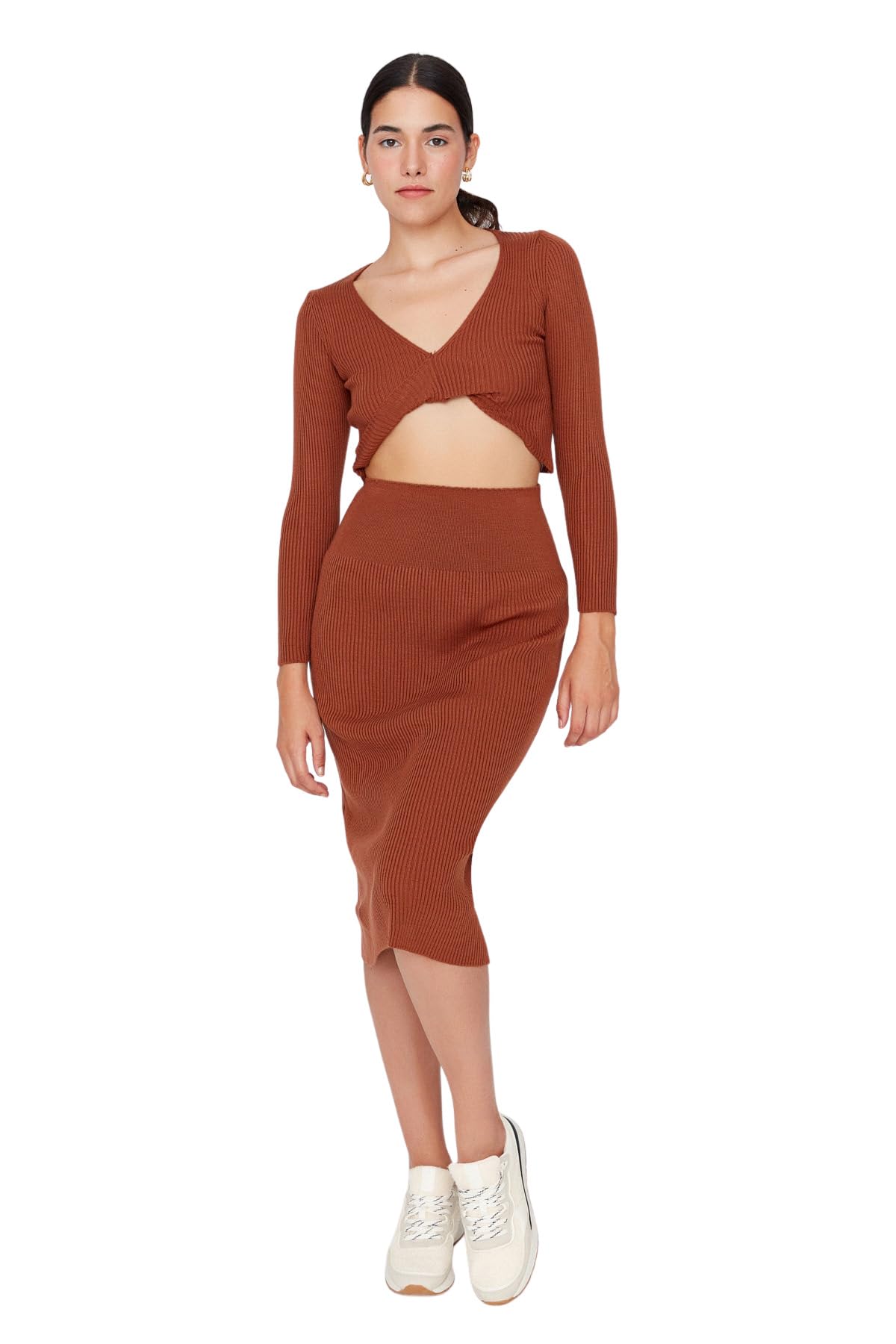 Trendyol Damska sukienka z dzianiny Midi Bodycon, Brązowy, S