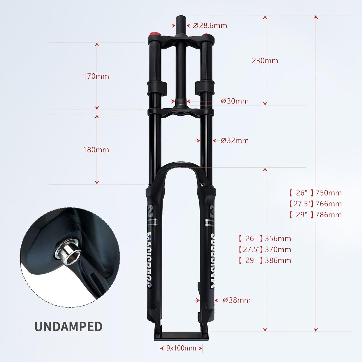 Widelec do roweru górskiego, podwójne zawieszenie pneumatyczne, droga sprężyny 180 mm, hamulec tarczowy, rura kierownicy 1-1/8", szybkozłączka 9 x 100 mm, kompatybilny z rowerami 26/27,5/29"