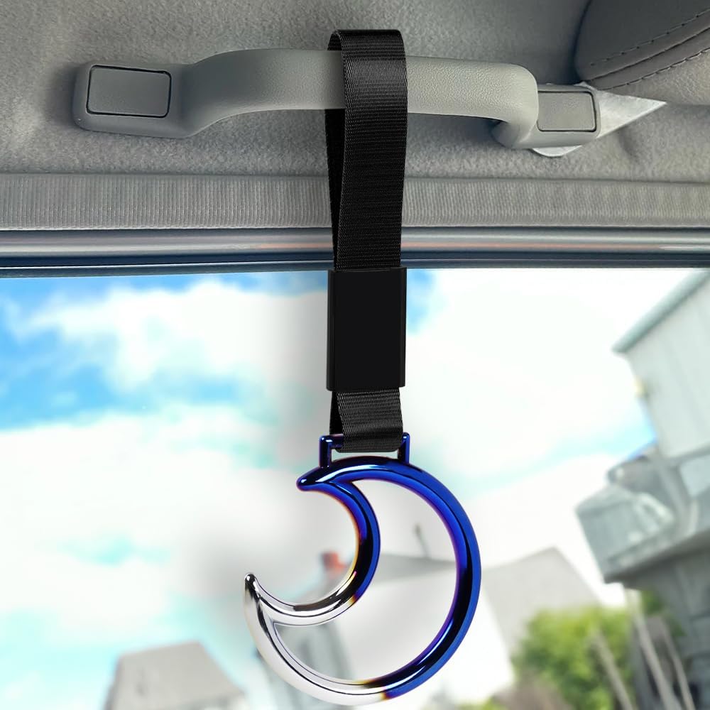 JDM Tsurikawa Ring Japanese Subway Train Bus Car Handle Moon Shaped Handle Hand Strap Rear Front Bumper Rings Drift Charm Bosozoku Car Accessory (Burnt Blue Ring/Black Strap)
