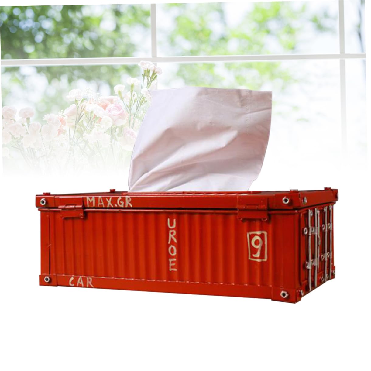 Porta Fazzoletti Container Spedizione Retrò in Ferro Rosso | Stoccaggio Salviette, Sostituzione Rapida, per Decorazione Domestica e Uso Esterno