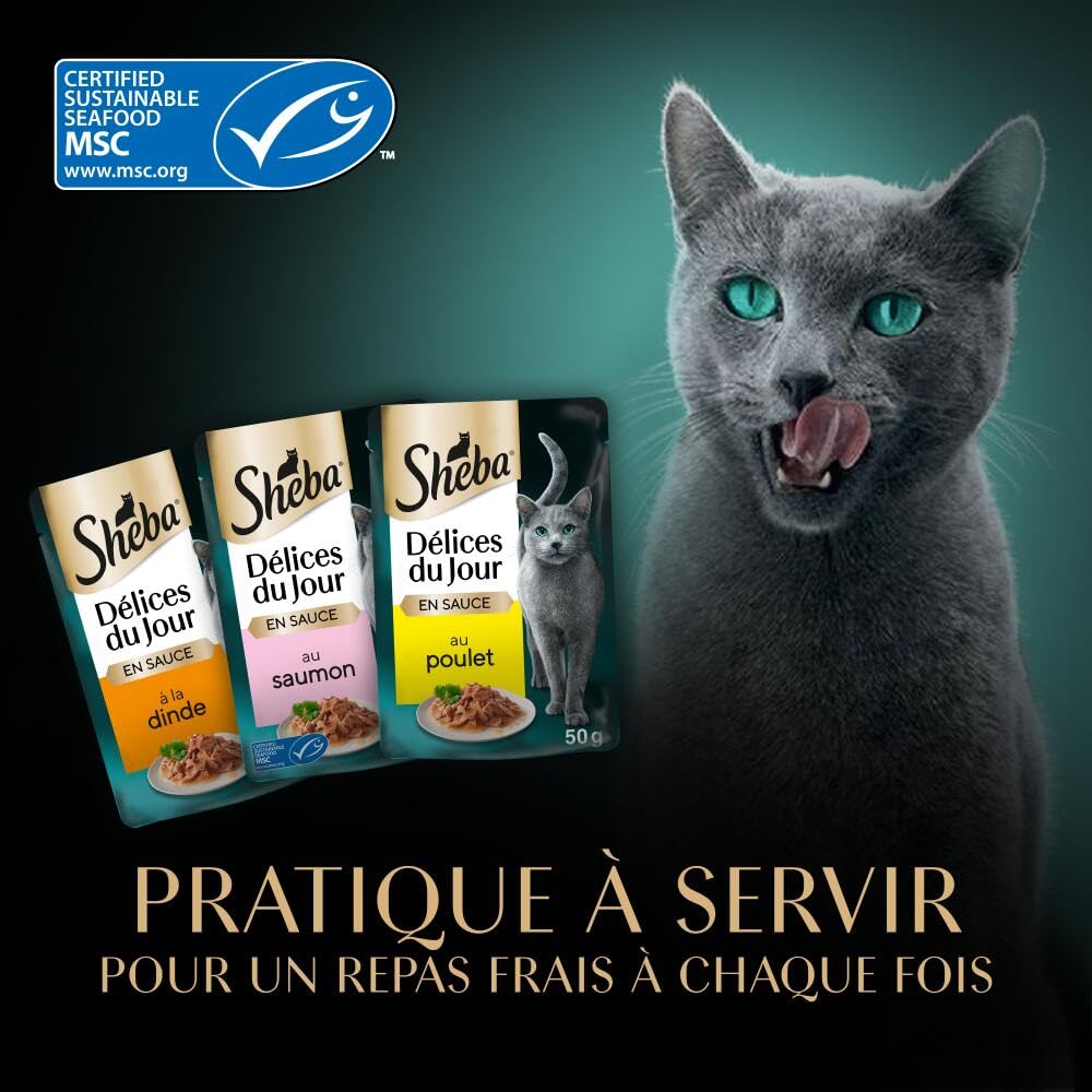 Sheba Délices du Jour Set de 12 x 6 Sachets Fraîcheur à La Volaille/aux Poissons en Sauce pour Chat 50 g