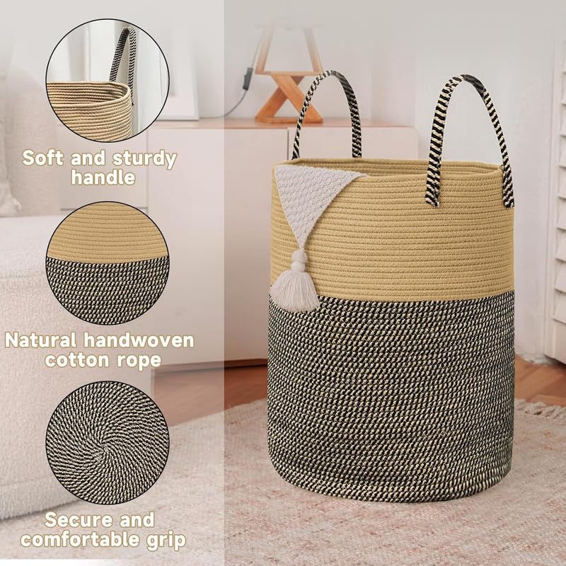 Image of Storage Rope Laundry Hamper Basket for Clothes, Towels and Blankets in Livingroom, Bedroom, Laundry Room and Basket for Nursery Storage (Size - 14 inch x 14 inch x 18 inch) (Black Beige Mix)