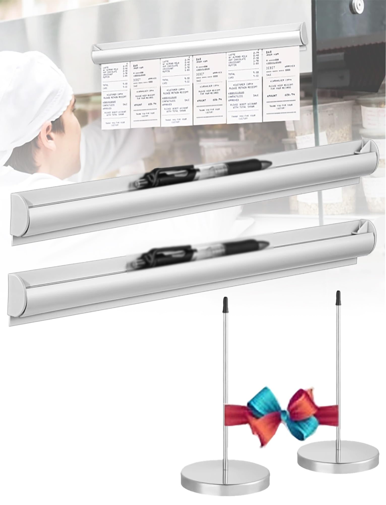 Soporte de aluminio for tickets de pedidos de restaurante, 2 unidades, expositor de pared for organizar recibos y pedidos en cocinas, bares y cafeterías.(80cm)
