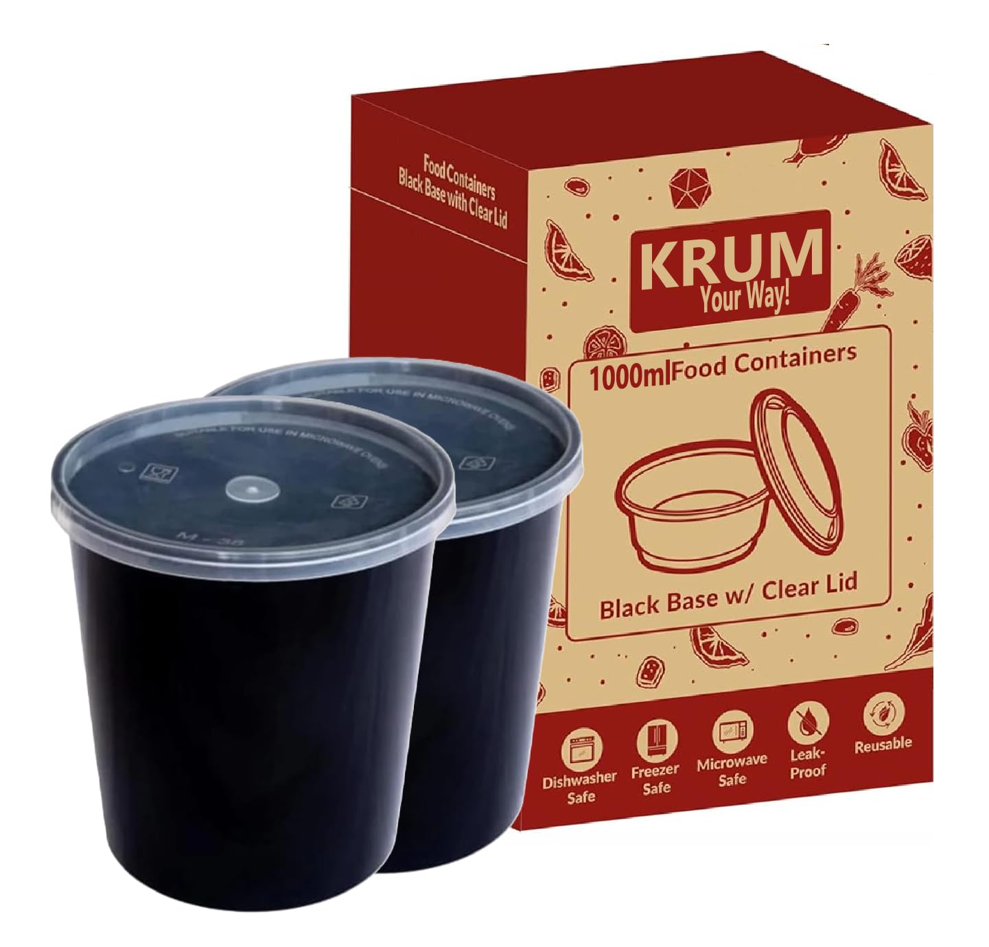 Maruti Runde wiederverwendbare Kunststoffbehälter mit Deckel, Schwarz, mikrowellengeeignet, 1000 ml, 20 Stück