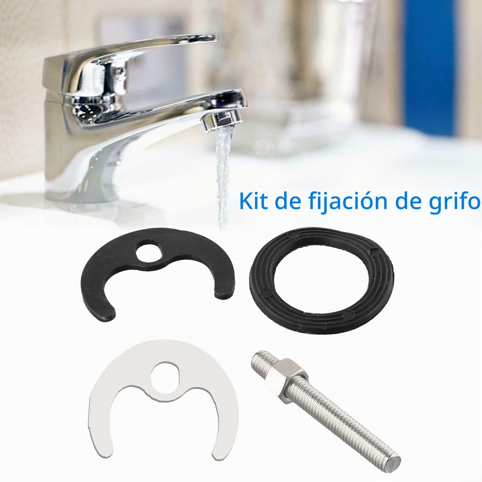Niceminiwall Kit de reparación de grifo de fregadero de cocina, juego de montaje monobloque de 4 piezas con perno de 60 mm, junta de acero, arandela de goma para grifo de lavabo, piezas de reparación