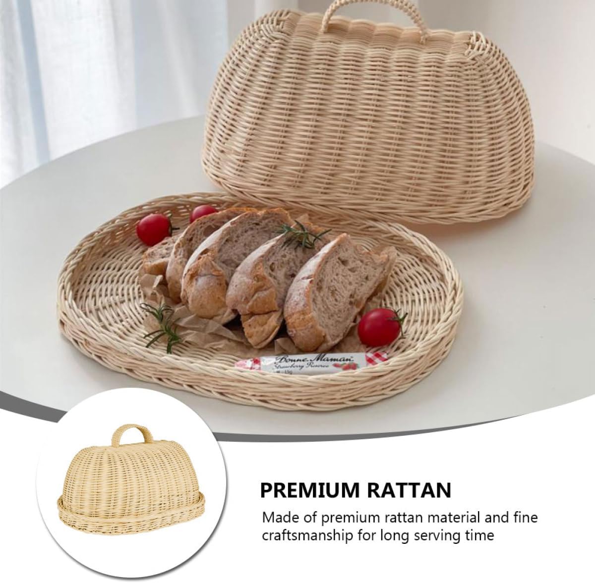 Generic Rattan Food Cover and Storage Tray Kitchen Fruit Bread Protective Dome Woven White Rattan Basket for Dining Table Dust Protection 1pcs Set