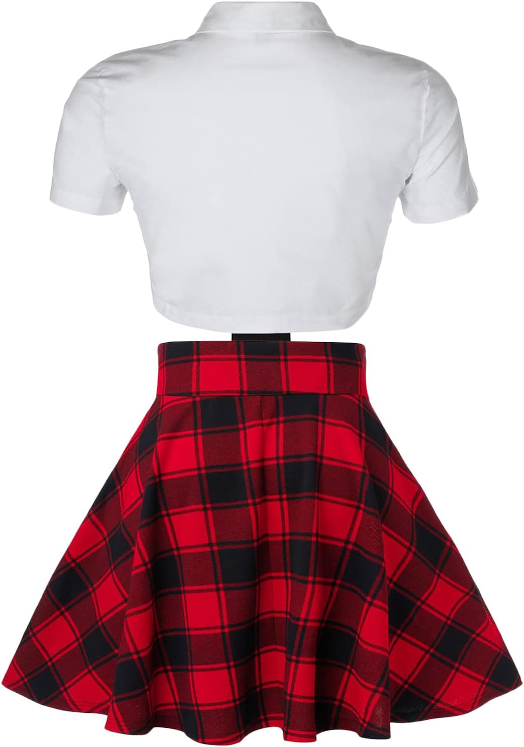 Women's 2 Piece School Girl Outfit Costume Tie Shirt Plaid Skirt Set Club Cosplay School Girl Uniform Role Play Set(Red, L) - Image 2
