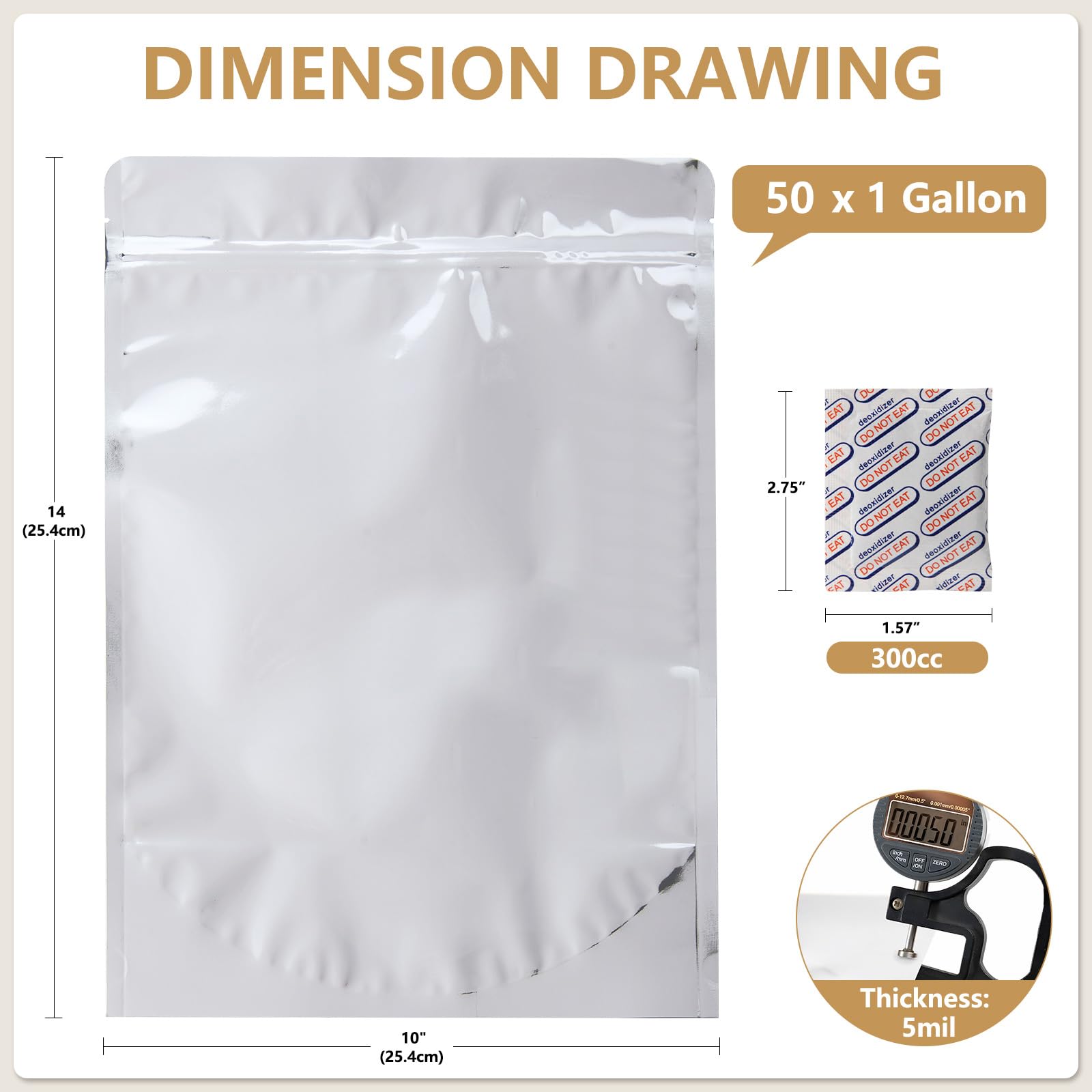 Confezione da 50 sacchetti in Mylar da 1 gallone con assorbitori | Sacchetti in Mylar per la conservazione degli alimenti, 25,4 x 35,5 cm, grandi sacchetti in Mylar per conservare riso