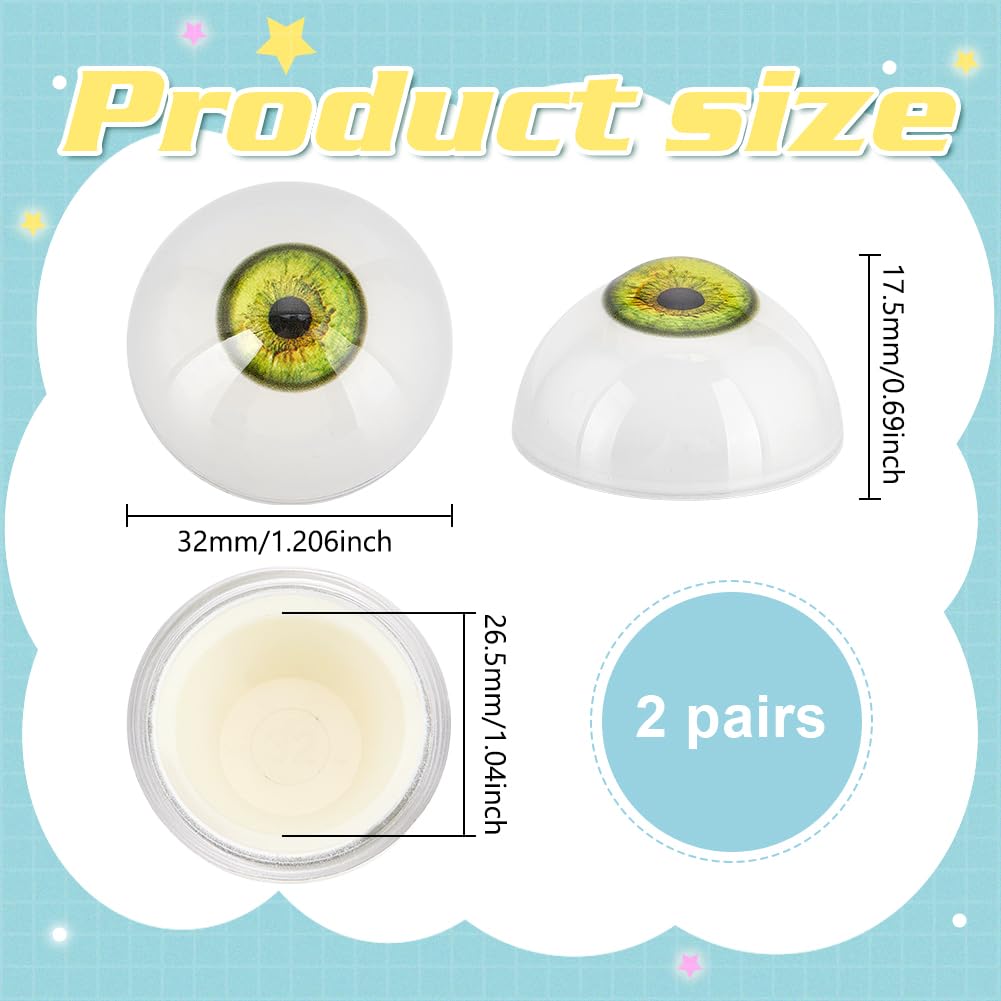 PH PandaHall 4pcs Scary Eyeballs 32mm Realistic Eyes Acrylic Craft Eyes Half Round Human Eyes Large Eyeballs for Halloween Party Decoration Art Sculptures Props Puppets Jewelry Making, Green Yellow