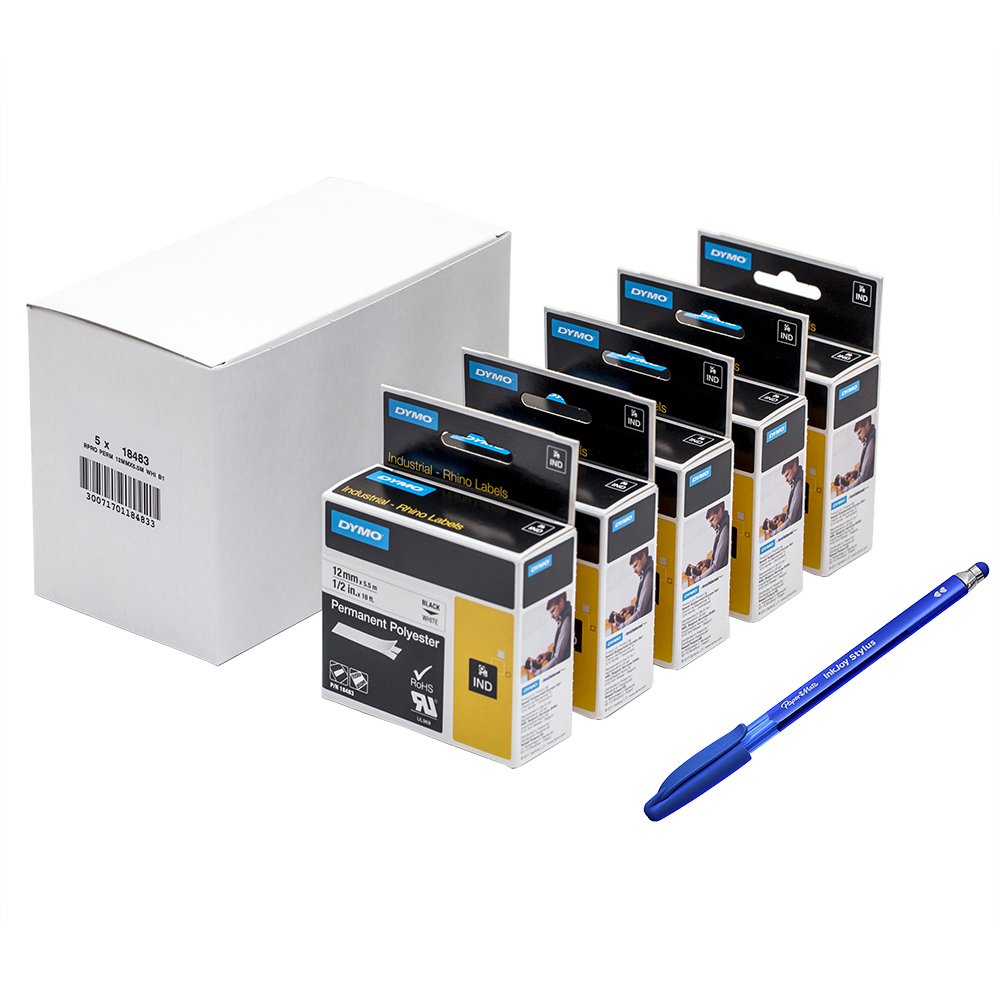 5 x Dymo 18483 Rhino industrial-strength Permanent Stoff Label Klebeband, 12 mm x 5,5 m Kassette schwarz Druck auf wei + Papermate Kugelschreiber Geschenk