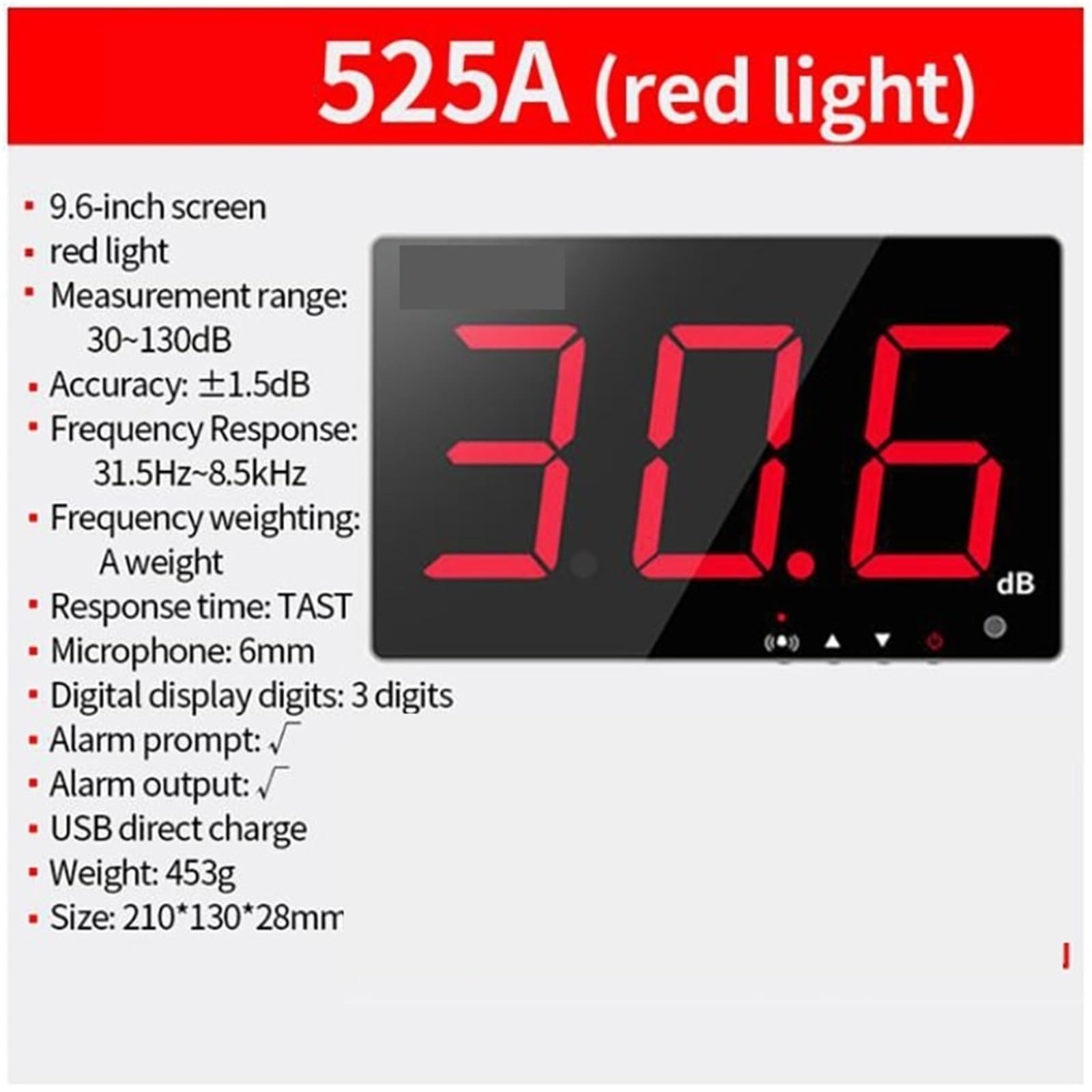 Medidor de nivel de sonido, Sonómetro digital de 30-130 dB, decibelímetro pared, detector ruido, profesional(525A)