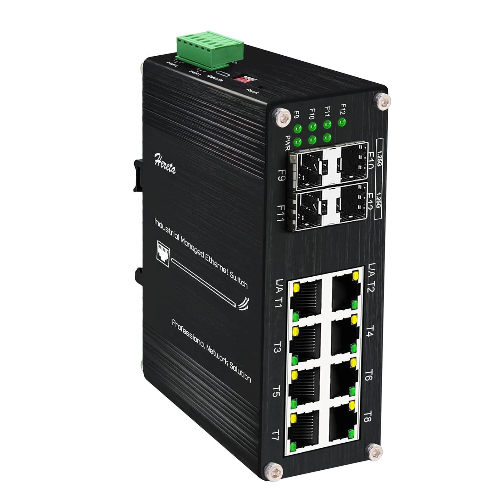 Industrial L2+Managed 12 Port Gigabit Ethernet Switch, Hardened Network Fiber Switch 8-Port 10/100/1000T + 4-Port 1000X SFP, 12~57V DC Input Redundant Power, IP40 Aluminum,DIN-Rail, VLAN LACP QoS