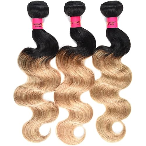 WOME Brazilian Ombre Human Hair Bundles Ombre Blonde Human Hair Weaves 3 Bundles Ombre Two Tone #1b/27 Unprocessed Hair Wefts Extensions (16" 18" 20", #1b/27)