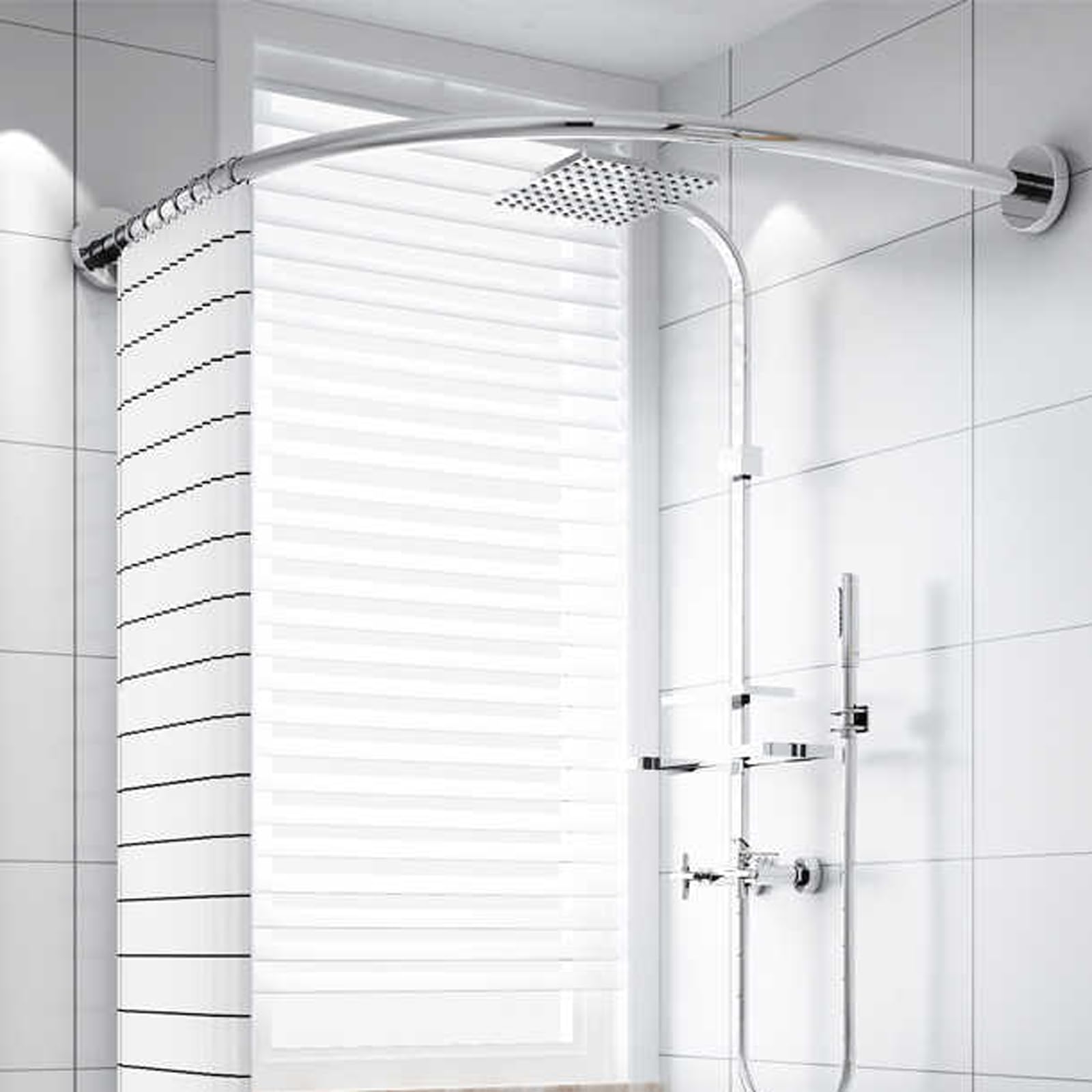 Barra de cortina de ducha curvada en forma de L, ajustable, montada a presión, resistente al óxido, fácil instalación, diseño elegante para espacios privados, solución ideal para decoración de baño
