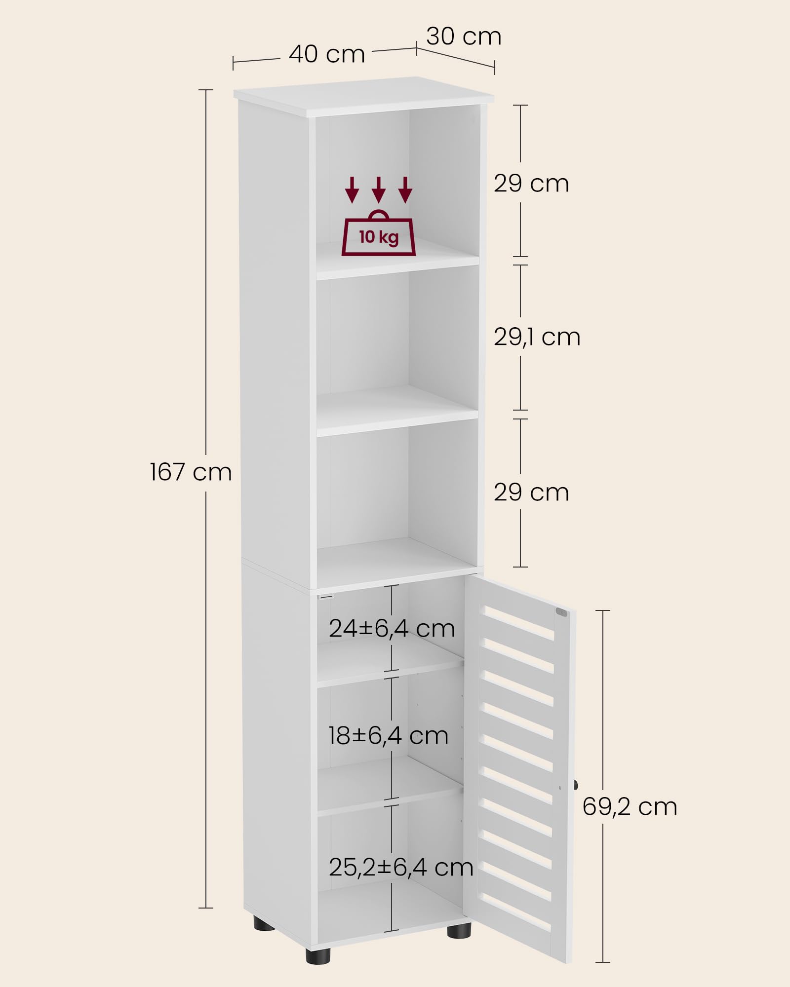 VASAGLE Meuble de Salle de Bain, Étagère de Rangement, Placard Haut, avec 3 Compartiments Ouverts et 2 Étagères Réglables, Salon, Entrée, Blanc Nuage BBK160W01