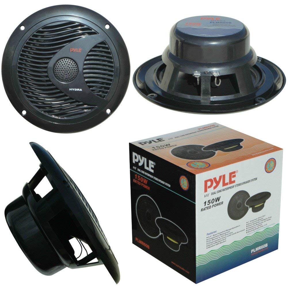 Pyle 2 PLMR60B 18 cm 180 mm Noir Double cône Haut-parleurs Waterproof pour mer Piscine Bateau hôtel pub Bar 4 ohm 75 Watt rms 150 Watt Max, Paire