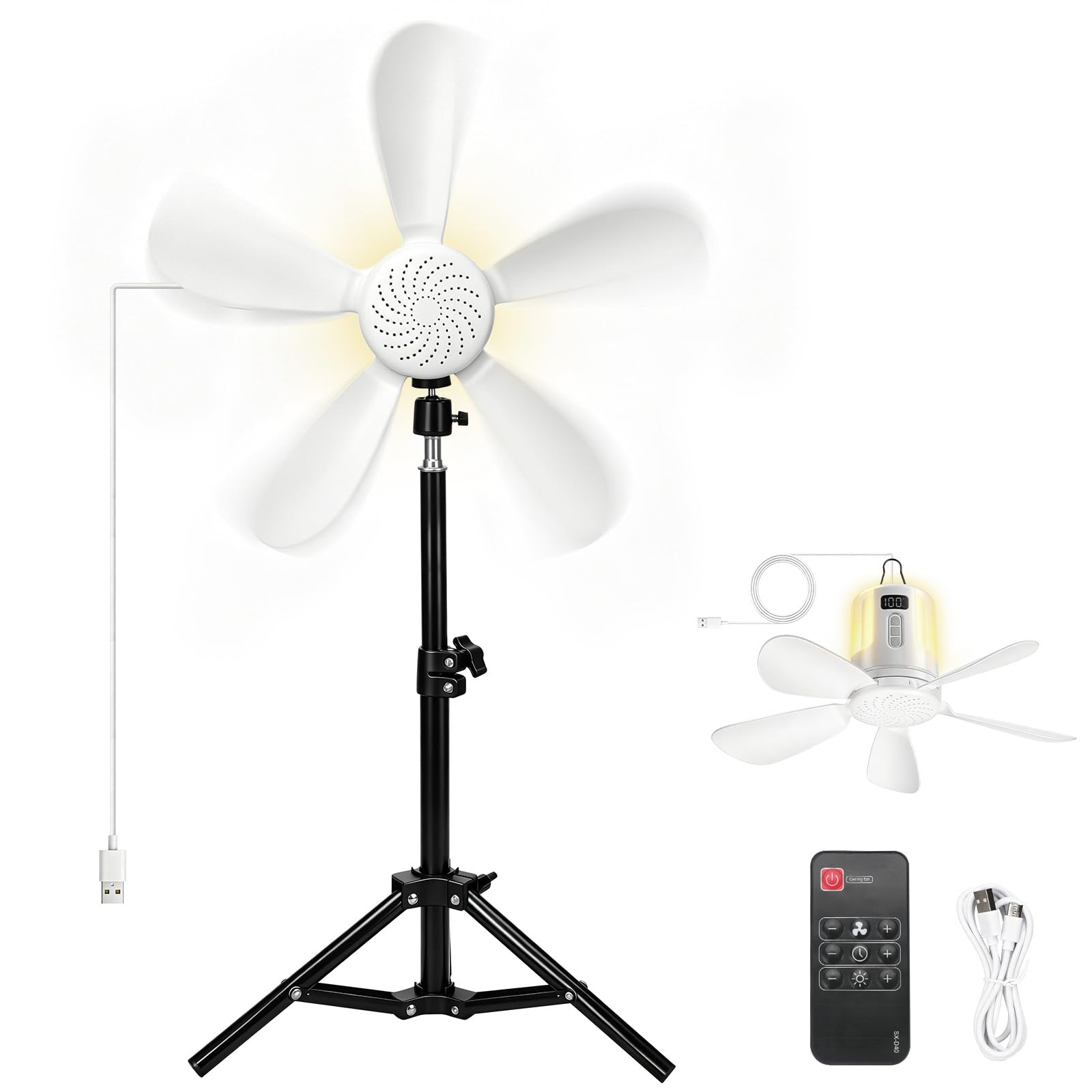 Roadtime Ventilador de techo de 40 cm portátil con iluminación LED y mando