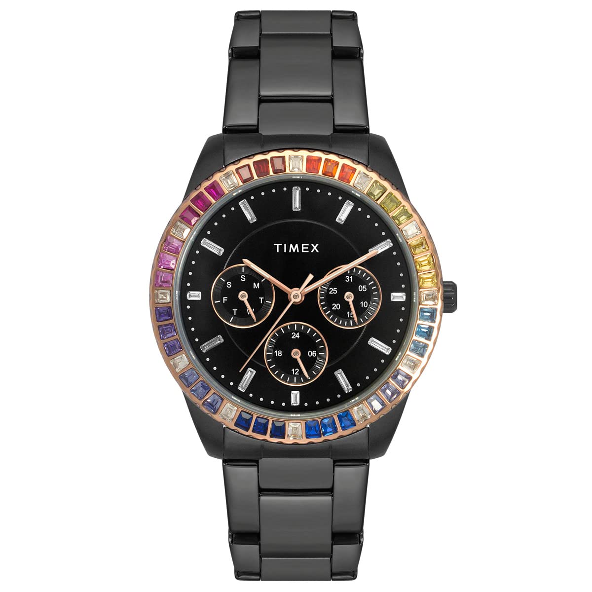 TIMEX Women Stainless Steel E-Class Premium-Sport Collection Multifunction Analog Black Dial Coloured Quartz Watch, Round Dial with 36 Mm Case Width - Twel16804, Band Color-Black (B0C27RWGMG) Amazon Price History, Amazon Price Tracker