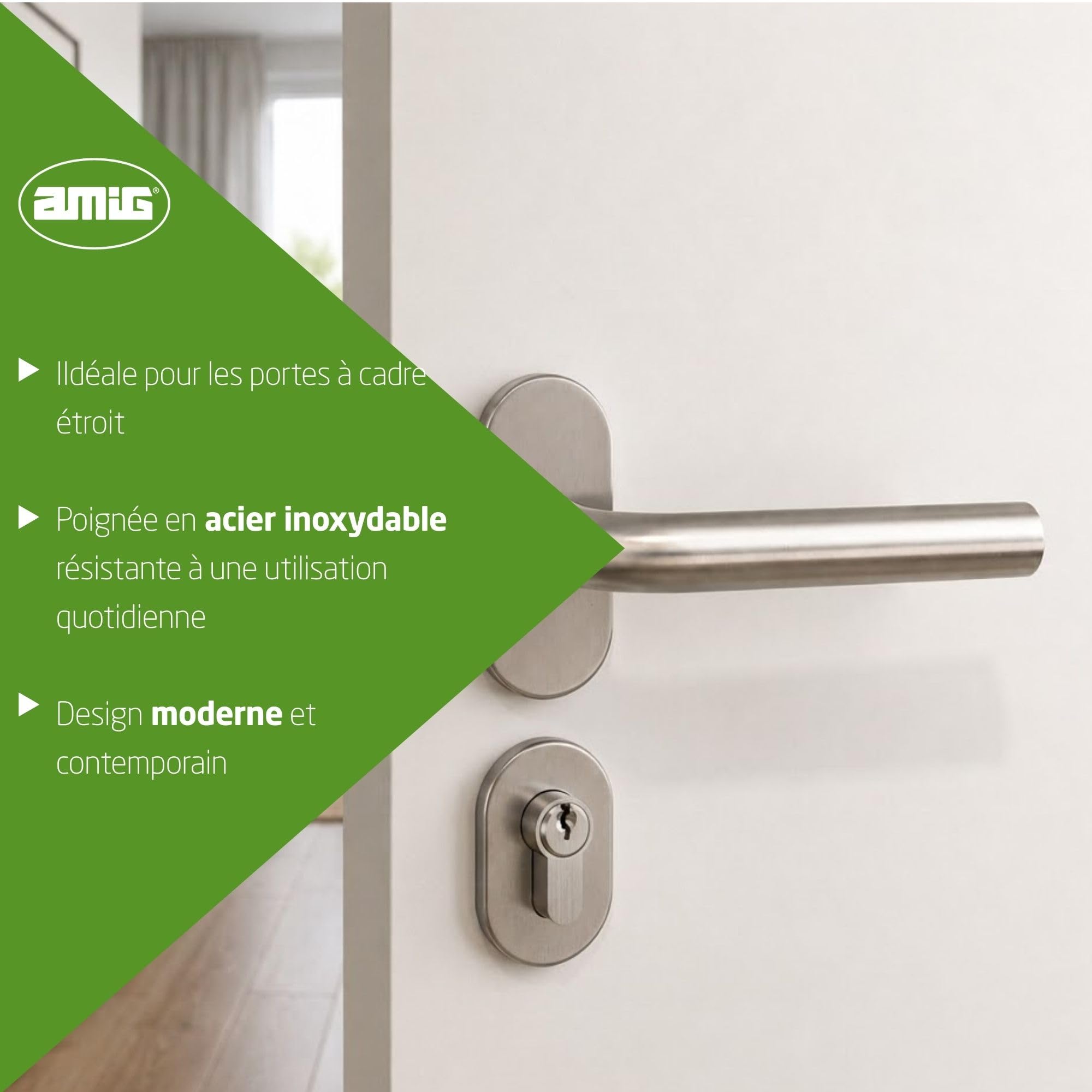 Amig - Juego de manillas para puerta Mod. 4O con placa oval - Para marco estrecho - Manilla en acero inoxidable 18/8 y roseta en acero niquelado - 136 x Ø19 mm - Acabado mate - Mod. 9954