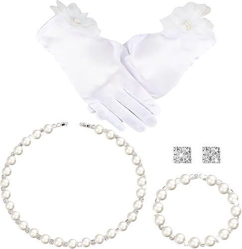 Newcotte Juego de 4 Collares de Perla para Niñas Pequeñas, Niñas en Edad Preescolar, Joyería para Comunión, Guantes para Navidad, Fiesta de Té, Boda