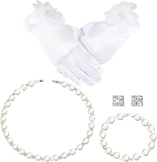 4 Pcs Pearl Necklace Sets for Little Girls Toddler Girls Jewelry Communion Glove for Christmas Tea Party Wedding
