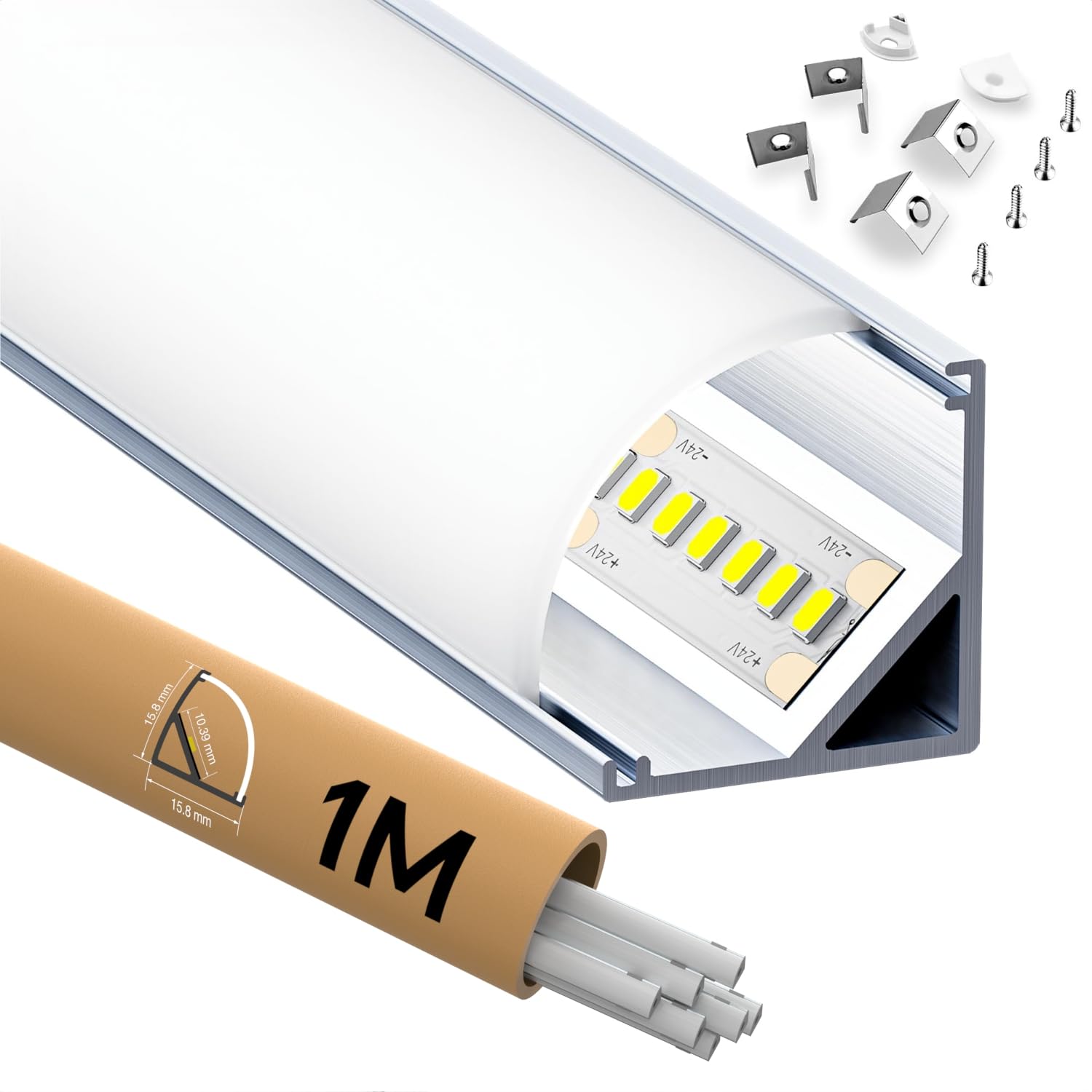Profilo led angolo di 90 gradi Profili per strisce led 2m x 10 pz, Con coperchio in PC opaco, Dimensioni 15,8 mm x 15,8 mm, Supporta strisce LED fino a 10 mm di larghezza SP30