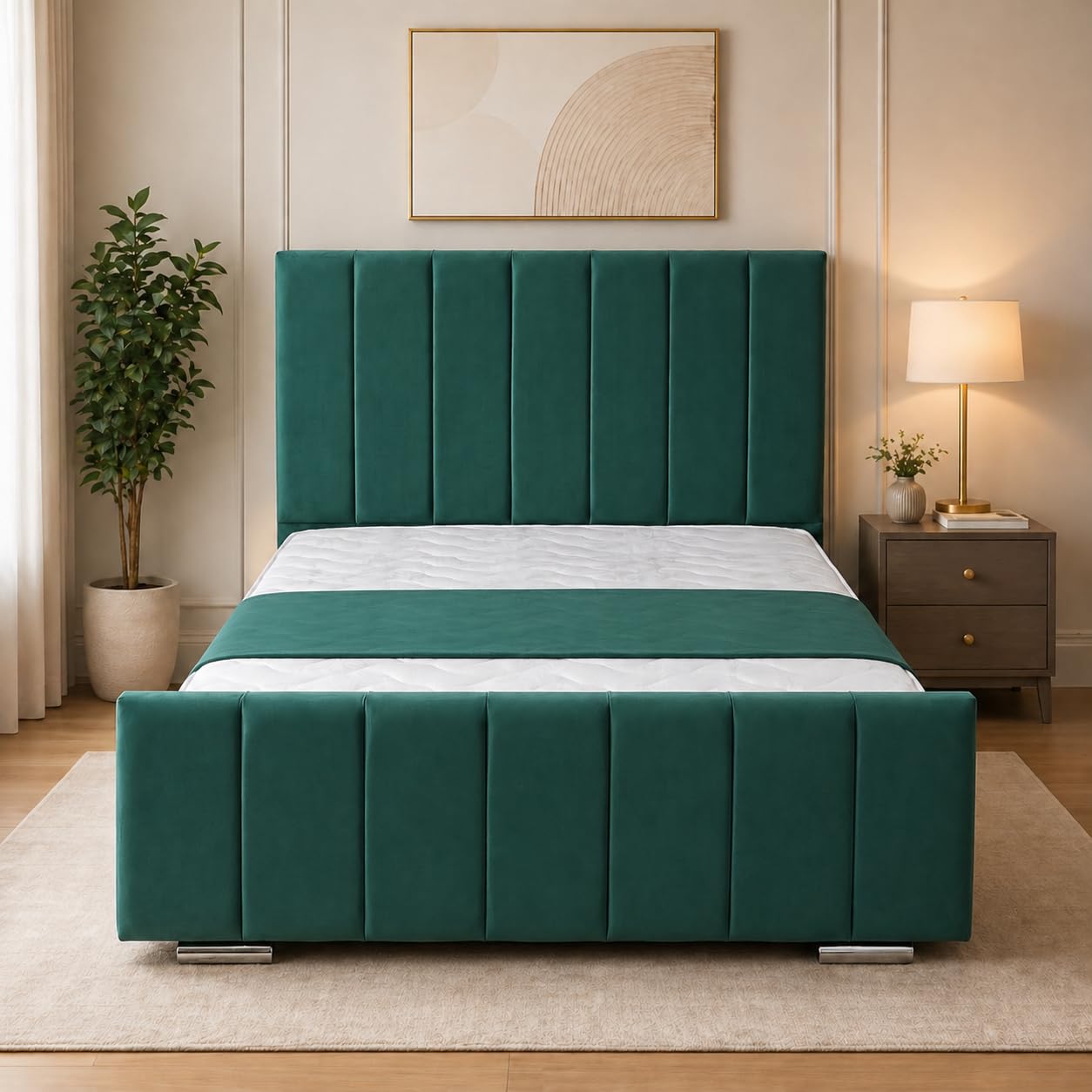 UK Bed Furniture - Kensington Upholstered Bed Frame, Luxury Plush Design with Modern Headboard & Footboard, Bedroom Bed Frames-Single, Double, King & Super King Sizes (Green, Double)