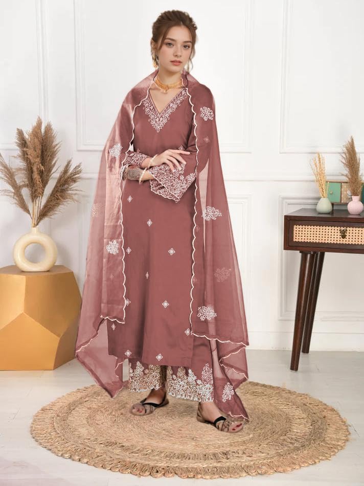 Image of SHIENZY Women Embroidered Kurta Set with Dupatta | Ethnic Straight Kurta Palazzo Set for Women Festive Salwar Suit | Traditional Indian Ethnic Wear Kurti Set