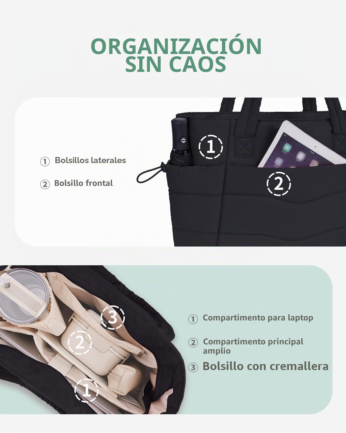 Bolso Tote Mujer Acolchado 2 Piezas, Bolso Shopper Grande con Compartimento para Ordenador 15.6" y Portabotellas Aislante 40oz, Ideal para Oficina, Universidad, Viaje y Uso Diario (Diseño Patentado)