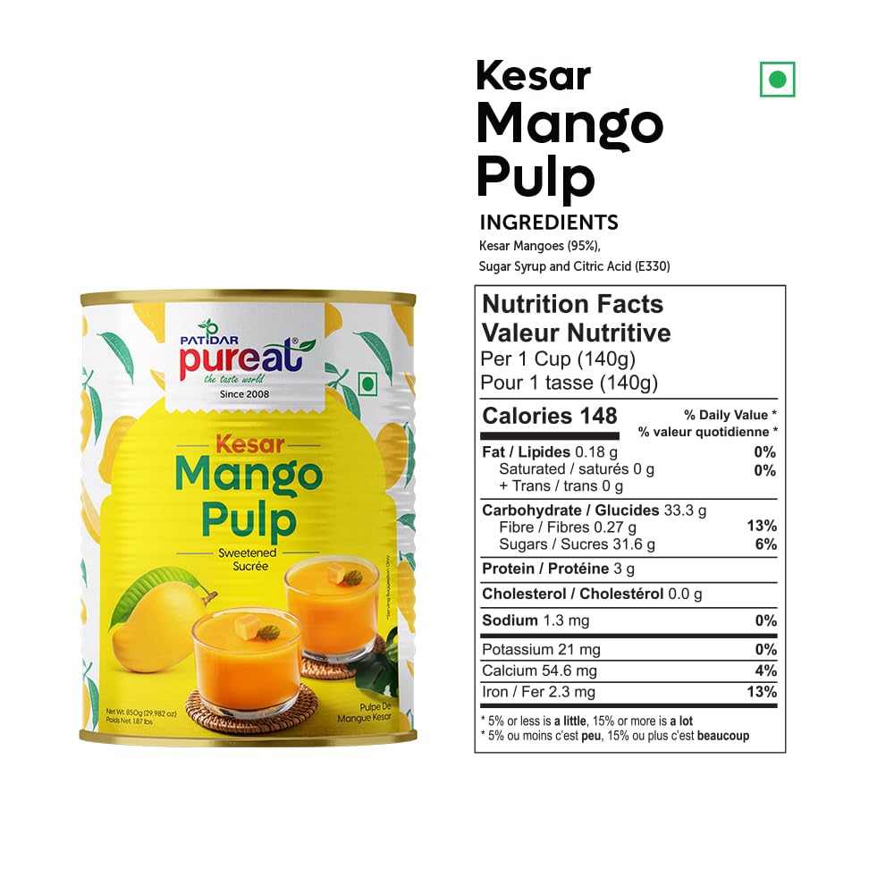Patidar Pureat Kesar Mango Pulp 850gm Tin | Sweetened Mango Puree for Lassi, Ice Cream, Shrikhand, Aamras and Baking 2