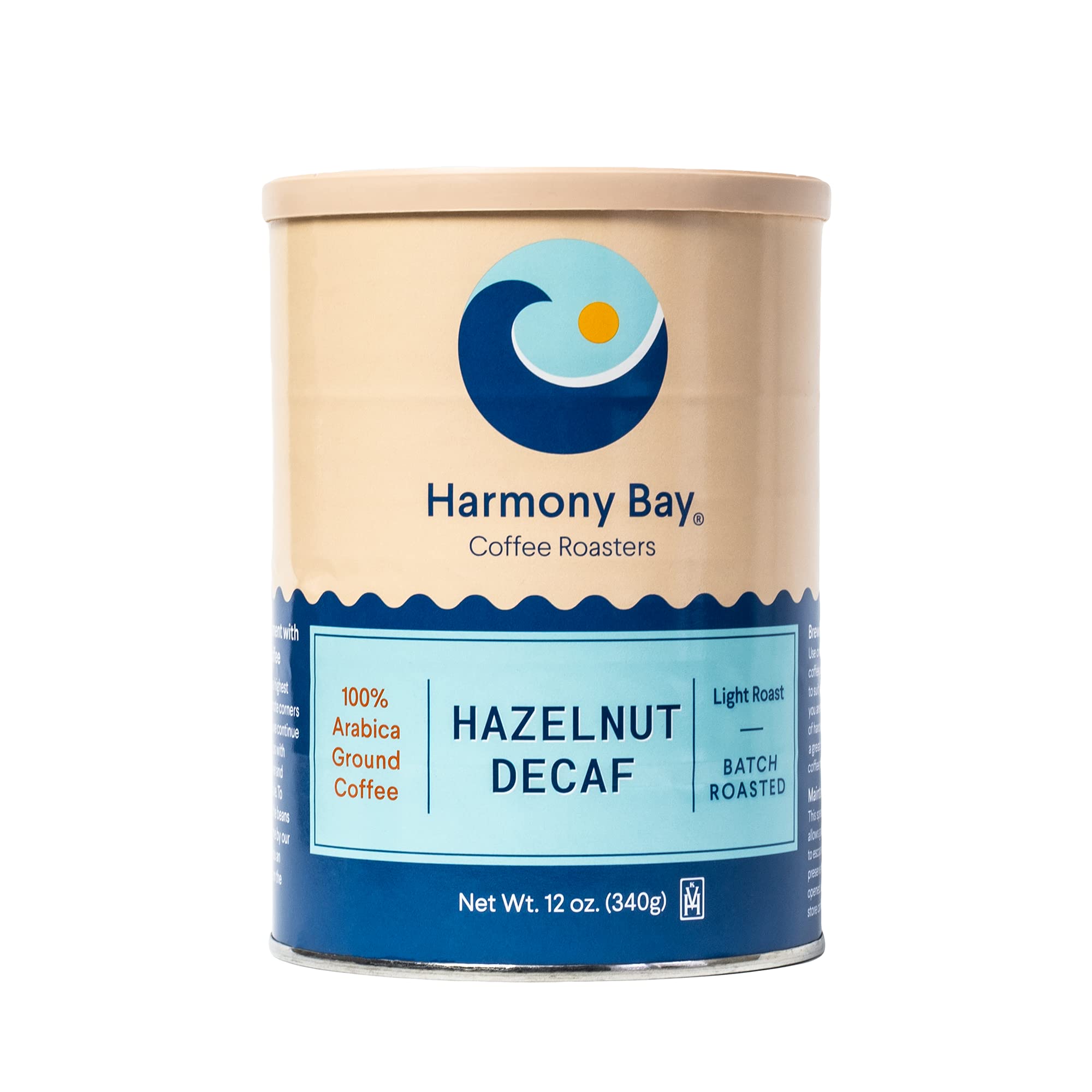 Harmony Bay Decaf Hazelnut Flavored Coffee - 100% Arabica Gourmet Ground Decaffeinated Light Roast - Small Batch Aromatic Nutty Flavored - 12 oz Can (